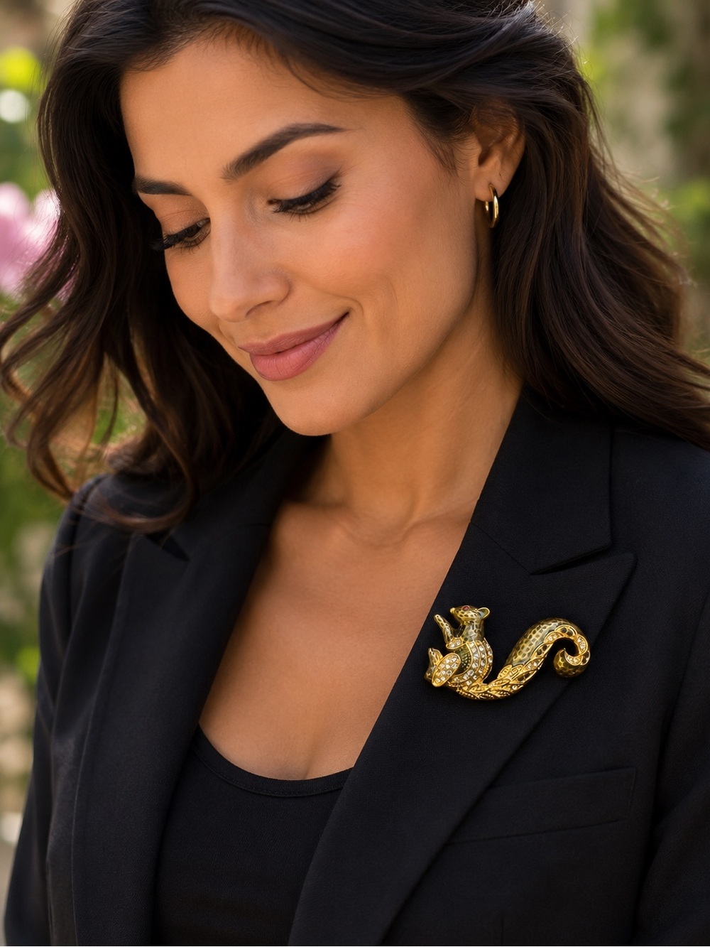 Gold, Black, & Charcoal Crystal Squirrel Brooch - Picture 1 of 7
